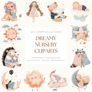 Dreamy Nursery Cliparts, Sleepy Animals, Cute Bedtime Illustrations, Baby Room Decor PNG, Whimsical Night Sky Elements, Moon and Stars