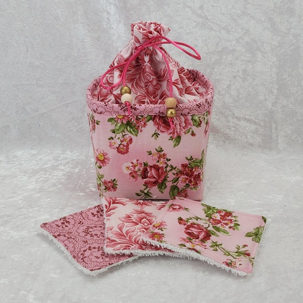 Vanity de voyage en tissu shabby romantique avec trois lingettes lavables et réutilisables, cadeau unique Noël, fête des mères, anniversaire