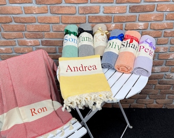 Personalized Turkish Cotton Fabric Beach Towel – Custom Embroidered Name – 100% Cotton