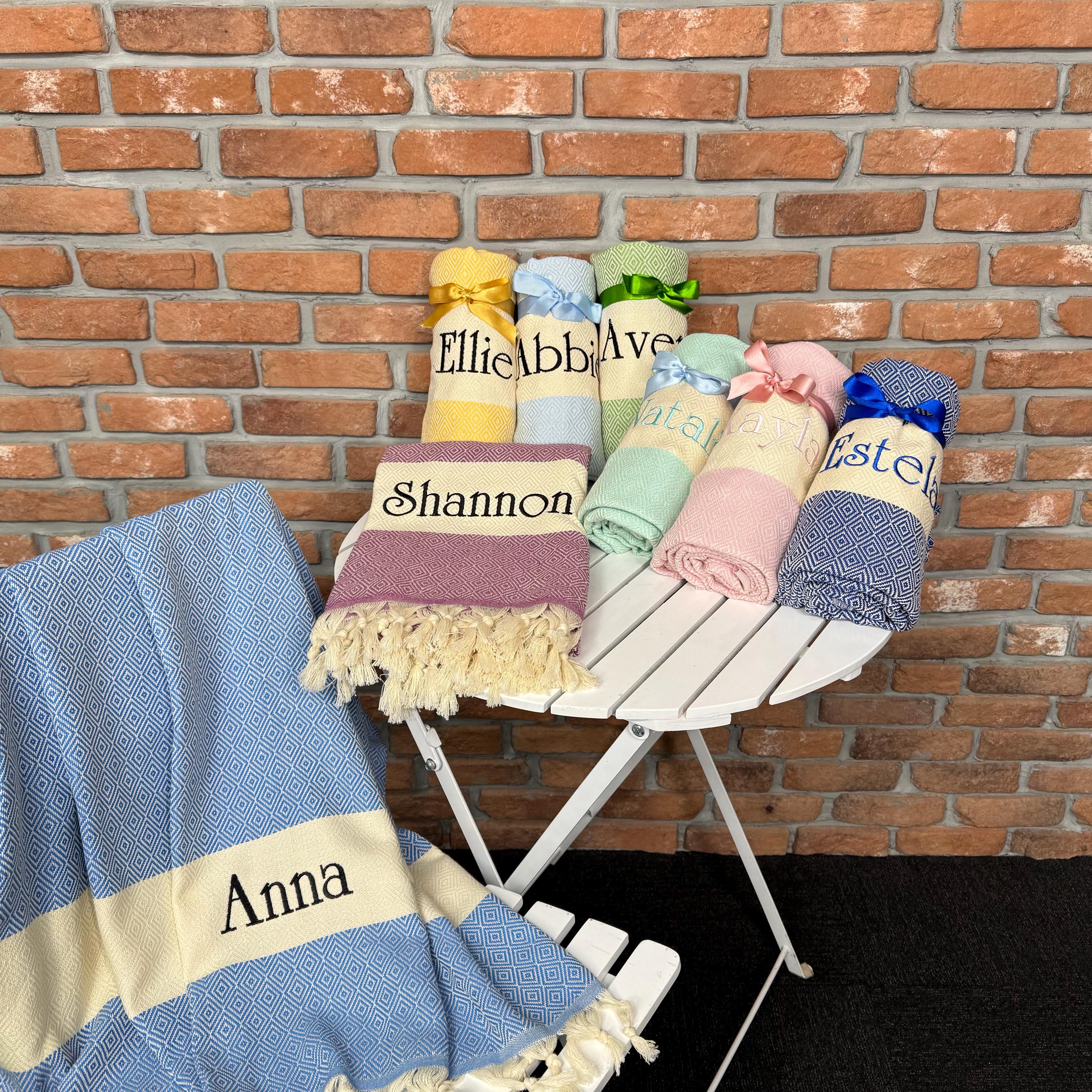 Custom Embroidered Turkish Towel, Personalized Bridesmaid Gift, Bachelorette Wedding Favor, Lightweight Cotton Towel