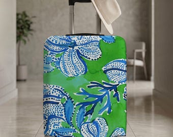 Blue Green Floral Luggage Cover, Tropical Suitcase Cover, Summer Travel Case, Beach Style Luggage Protector, Stretch Cover