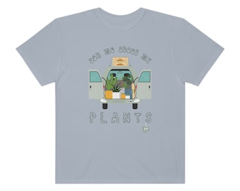 May include: A light blue t-shirt with the text "Ask me about my plants" and a cartoon illustration of a van full of plants.