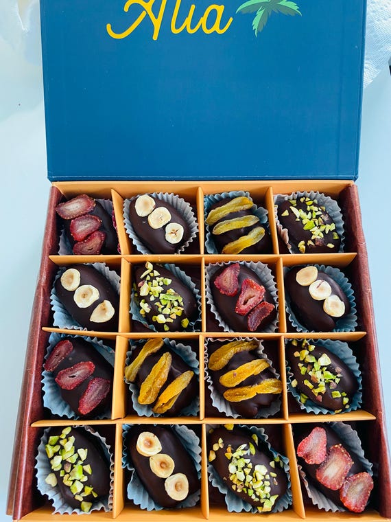 Premium dates stuffed with nuts and dried fruits and covered in chocolate, homemade, vegan, non-GMO, 16 pieces, best gift for loved ones!!