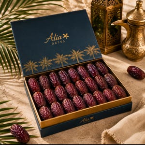 May include: A rectangular dark blue gift box filled with rows of dark brown dates. The lid features gold palm tree illustrations and the text Alia DATES. The interior tray is gold, and the box is presented with a single date placed outside.