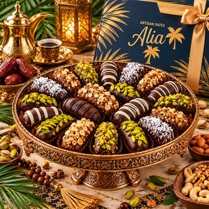 May include: A gold-toned ornate pedestal tray filled with chocolate-covered dates topped with chopped pistachios, hazelnuts, and shredded coconut. A dark blue gift box labelled Artisan Dates Alia with gold palm tree graphics sits in the background.