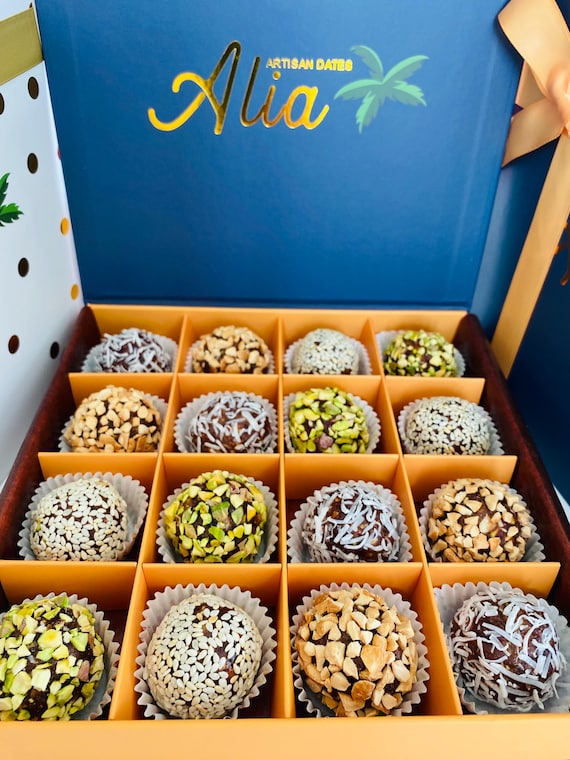 Date paste mixed with nuts, topped with assorted nuts, energy food, luxury gift box, greetings card for all occasions, gift for loved ones !