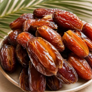 May include: A pile of whole dried dates on a round plate. The dates are oval-shaped with a wrinkled, glossy, dark reddish-brown skin. Each fruit features a visible vertical slit along the centre, revealing a lighter, golden-brown fibrous interior.