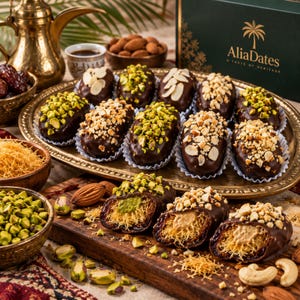 May include: A collection of chocolate-covered dates on a gold tray, some topped with chopped pistachios, almonds, or cashews. Several dates are halved to reveal a filling of shredded pastry and nut cream. A box labelled AliaDates is visible.