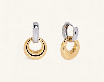 Pendientes de metales mixtos Pendientes de aro de oro y plata Aros gruesos de oro Pendientes de aro bicolor Pendientes minimalistas llamativos Aros modernos