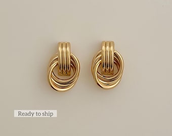 Gold Chunky Knot Earrings, statement Gold Earrings, Bold Minimalist Studs, modern sculptural jewelry trendy thick earrings gift for her