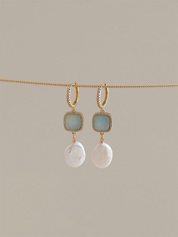 Blue Agate Drop Earrings: Keshi Pearl, Gold Filled CZ Hoops