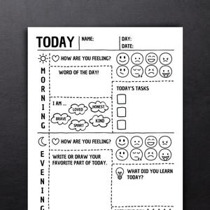 Today Morning And Evening Check-In Printable | Homeschool Routine Sheet for Kids | Preschool Kindergarten Daily Worksheet | Emotions Tasks