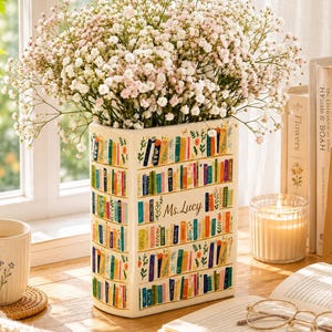 Vintage Bookshelf Library Decor Ceramic Flower Vase, Book Wildlowers Gift For Book Lover, Teacher Gifts Floral Bookish Gift For Reader