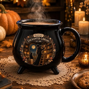 May include: A black cauldron-shaped ceramic mug with a handle and three feet. The front features a circular graphic of a witch in a library with the text "OLIVIA'S ENCHANTED LIBRARY EST. 2026" surrounded by a floral wreath. Steam rises from the mug.