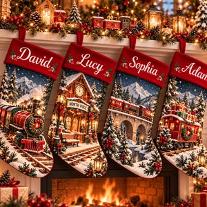 May include: Four red-cuffed Christmas stockings hanging in a row, each personalised with the names David, Lucy, Sophia, and Adam. The stockings feature detailed winter scenes including a steam train, a North Pole station, and snowy landscapes.