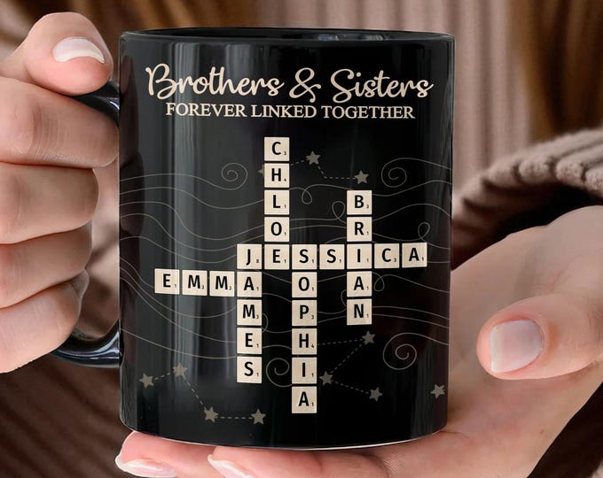 Custom Brothers & Sisters Forever Linked Together Crossword Puzzle Art, Personalised Mug, Gift For Brothers, Sisters, Siblings, Family