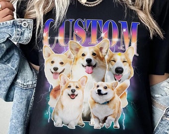 Custom Vintage Pet Photo + Name T-Shirt, Personalised Dog Mom Shirt, Dog Dad Shirt, Bootleg 90&#39;s Retro Tee Birthday Gift, Gift For Her