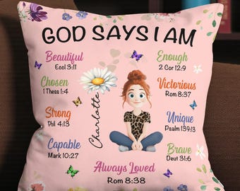 Gepersonaliseerde God Says I Am kussensloop, aangepaste geboortebloem kussen, affirmaties voor kind, cadeau voor dochter zoon, kerst, verjaardagscadeau
