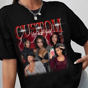 Op de afbeelding: Zwart T-shirt met een rode "CUSTOM Your Photo" grafiek met een collage van vijf vrouwen. De grafiek heeft een vintage uitstraling met bliksemschichten en een rode achtergrond.