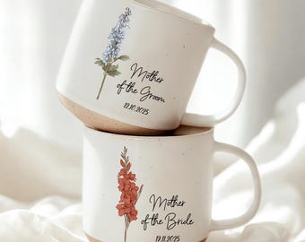 Personalised Birth Month Flower Mug, Custom Wedding Gift For Mother Of The Bride & Groom, Mother of the Groom, Bride Pottery Ceramic  Mug