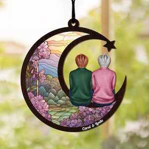 Besties Forever, Best Friends Sitting On The Moon, Personalized Window Hanging Suncatcher Ornament, Gift For Bestie Sister BFF Birthday Gift