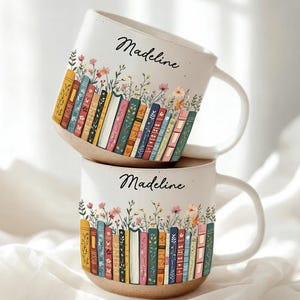 Personalised Vintage Bookshelf Library Pottery Mug, Floral Bookish Gifts For Reader, Custom Reading Coffee Cup,  Book Lover Birthday Gift
