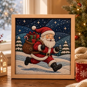 Op de afbeelding: Een vierkant ingelijst wandkunstwerk met een gestructureerde illustratie van de Kerstman die 's nachts door een besneeuwd landschap rent. De Kerstman draagt een rood pak met witte randen en draagt een bruine zak vol met cadeaus tegen een blauwe lucht.