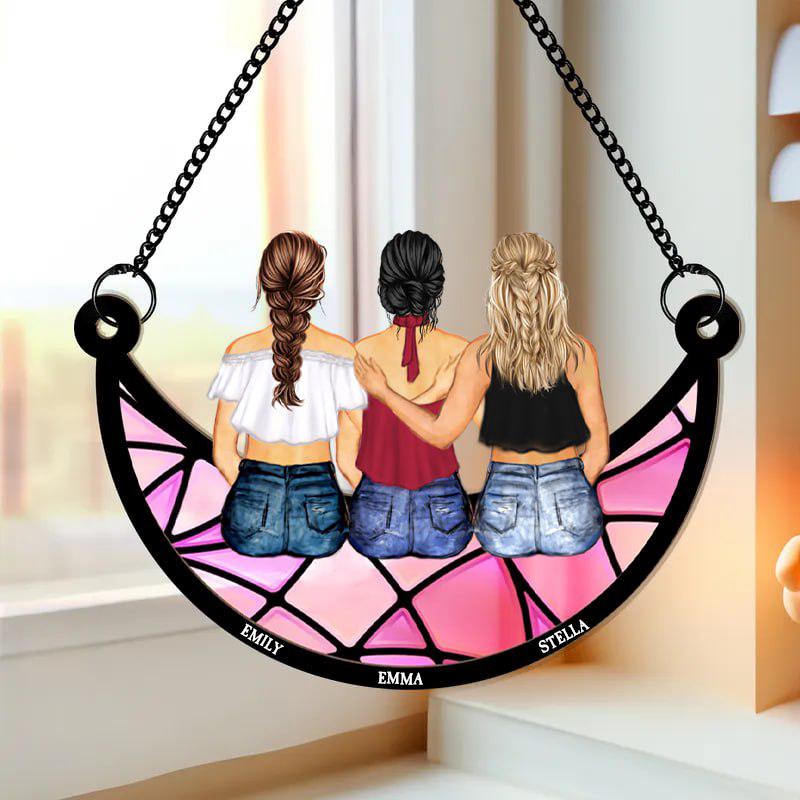 Besties Forever, Best Friends Sitting On The Moon, Personalised Window Hanging Suncatcher Ornament, Gift For Sistas, Sister, Soul Sisters
