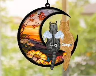 Cat Memorial Suncatcher Sleeping Cat on Moon Loss of Pet Sympathy Gift, Custom Name Cat Ornament Cat Lovers Gifts Cat Passing Remembrance