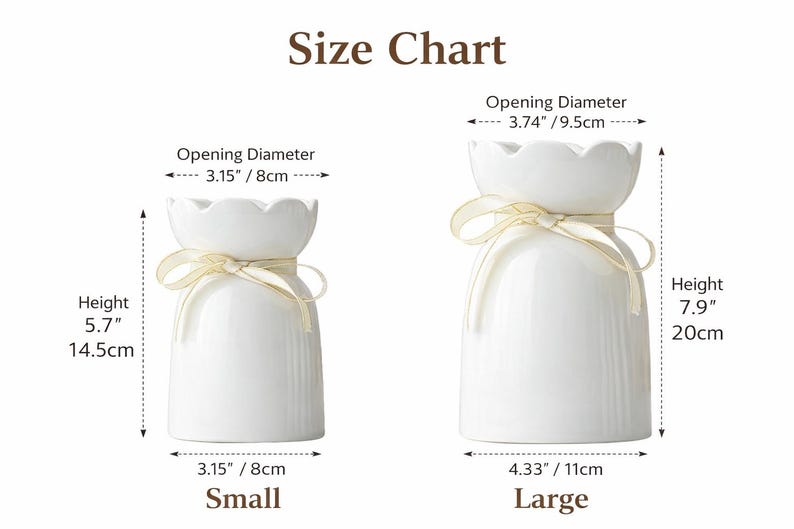 May include: Two white ceramic vases with scalloped openings and ribbon accents. The smaller vase is 5.7 inches (14.5cm) tall with a 3.15 inch (8cm) opening. The larger vase is 7.9 inches (20cm) tall with a 3.74 inch (9.5cm) opening. The image includes a size chart.
