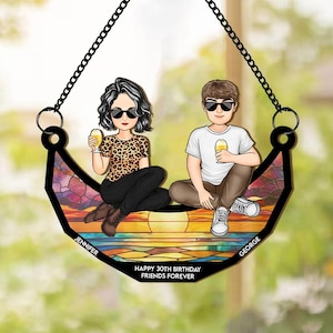 Personalised Friends Forever Suncatcher, Best Friends Sitting On The Moon Window Hanging Ornament, Birthday Gift, Besties Suncatcher Acrylic
