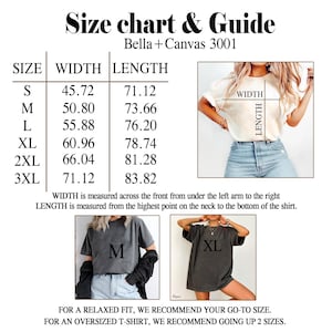 May include: Size chart for Bella + Canvas 3001 t-shirts, showing width and length measurements in inches for sizes S through 3XL. The chart includes a photo of a model wearing a white t-shirt and a photo of two t-shirts, one in size M and one in size XL.