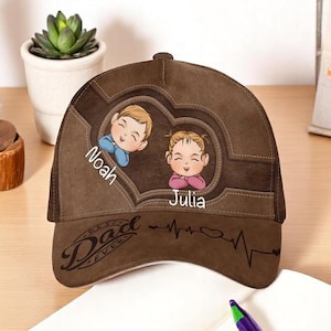 May include: Brown baseball cap with a mesh back. The front features two cartoon children, one named Noah and the other Julia. The text "Best Dad Ever" is printed on the front, along with a heartbeat graphic.