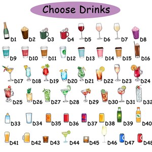 Pu&ograve; includere: Un'illustrazione con una variet&agrave; di bevande, tra cui caff&egrave;, vino, cocktail e bibite. L'immagine &egrave; etichettata come "Scegli le bevande" e include opzioni numerate per ogni bevanda, come un martini, un bicchiere di vino e una bottiglia di champagne.