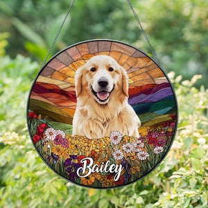 Custom Dog Portrait Suncatcher – Stained Glass Style Pet Memorial – Personalized Window Hanging Gift for Pet Lovers