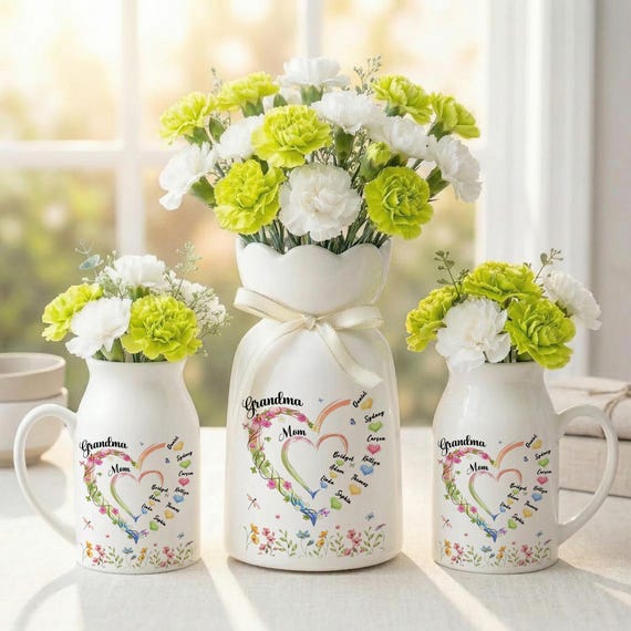 Personalized Mom Grandma Heart Flower Vase, Family Name Flower Vase, Vase with kids Names, Mum and Nana Generations Gift, Mother's Day Gift