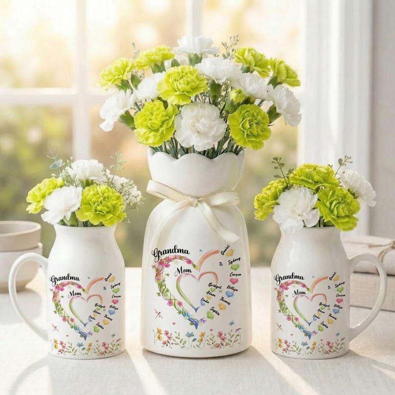May include: Three white ceramic vases with floral arrangements. The vases are decorated with the words "Grandma" and "Mom" inside a heart-shaped design. The flowers are white and green.