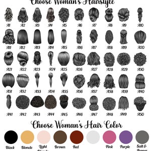 Op de afbeelding: Een grafiek met 50 verschillende kapsels voor vrouwen, gelabeld van A1 tot en met A50. Onder de grafiek bevindt zich een rij van 10 kleurstalen voor haarkleur, gelabeld Zwart, Blond, Lichtblond, Bruin, Rood, Wit, Roze, Paars, Zout en Peper.