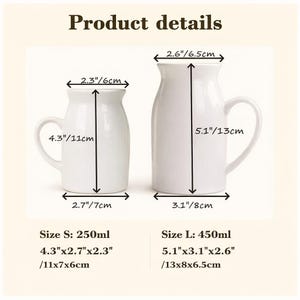 May include: Two white ceramic pitchers with handles, labeled "Product details." The smaller pitcher is 4.3 inches tall, and the larger is 5.1 inches tall. Measurements are provided in inches and centimeters.