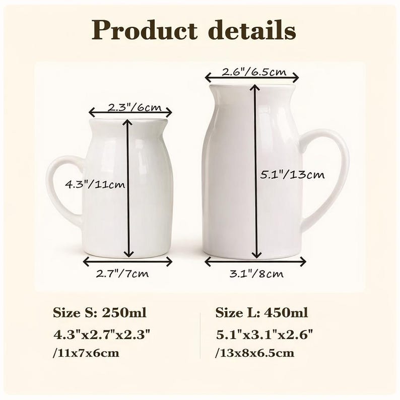 May include: Two white ceramic pitchers with handles, labeled "Product details." The smaller pitcher is 4.3 inches tall, and the larger is 5.1 inches tall. Measurements are provided in inches and centimeters.