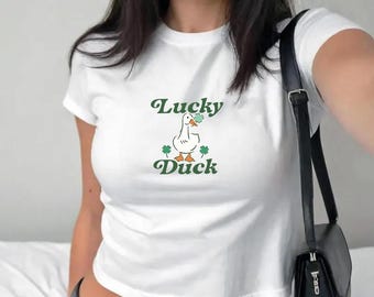 Lucky Duck St. Patricks Day Baby Tee Y2K Coquette Esthetic Shamrock Baby Tee Leuke St Paddy-outfit Lucky Girl Baby Tee Iers damesshirt