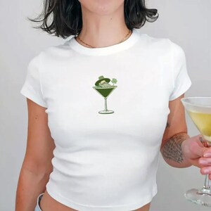 St Patrick's Day Baby Tee, Martini Leprechaun, Retro Trendy Shirt, St Paddys Day Y2K Baby Tee, St. Patty's Day Baby Tee, Luck of the Irish image 2