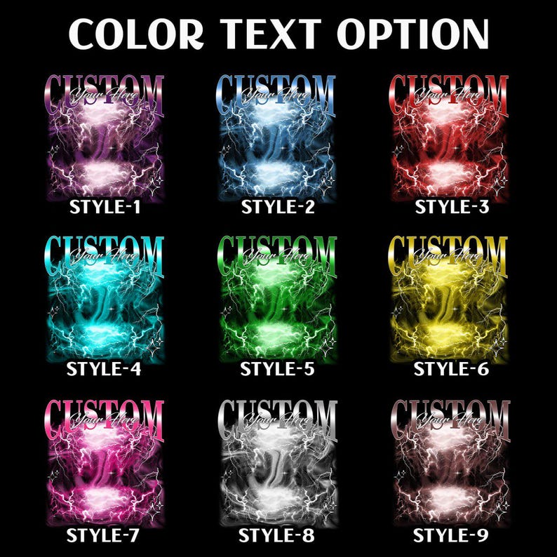 May include: Nine different color options for a customizable graphic design featuring a lightning bolt and the word "CUSTOM".