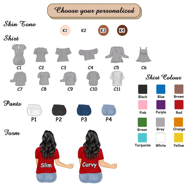 Op de afbeelding: Een aanpasbare illustratie van twee mensen met verschillende huidtinten, haarstijlen, shirtstijlen, broeksstijlen en lichaamstypen. Kies uit een verscheidenheid aan kleuren voor de shirts en broeken.