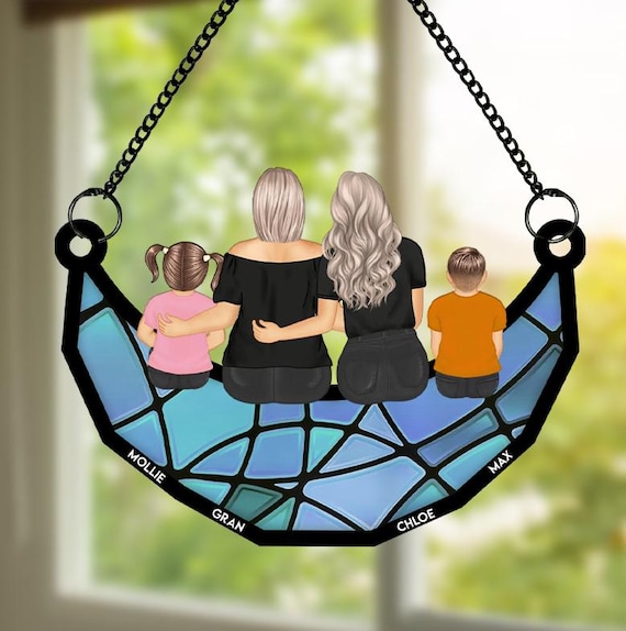 Personalized Grandma And Grandkids On The Moon, Mother's Day Gift, Custom Grandma Suncatcher, Window Hanging Home Decor, Mum Birthday Gift