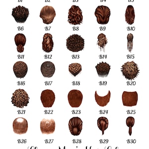 Op de afbeelding: Een grafiek met 30 verschillende kapsels voor mannen, gelabeld van B1 tot en met B30. Onder de kapsels bevinden zich zes verschillende haarkleuren: zwart, blond, bruin, rood, grijs en zout en peper blond.