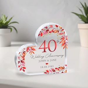 Personalised 40th Anniversary Gift, Ruby Anniversary Keepsake Gift, 40th Anniversary Acrylic Heart Plaque, 40th Ruby Gift for Parents