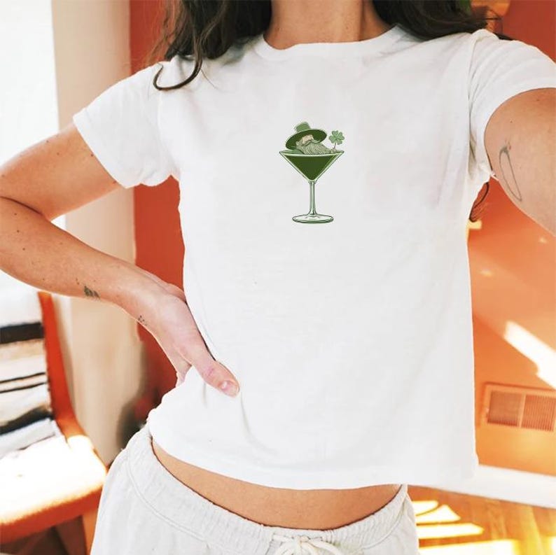 St Patrick's Day Baby Tee, Martini Leprechaun, Retro Trendy Shirt, St Paddys Day Y2K Baby Tee, St. Patty's Day Baby Tee, Luck of the Irish image 4