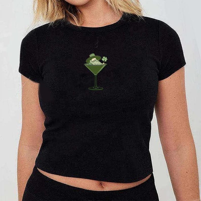 St Patrick's Day Baby Tee, Martini Leprechaun, Retro Trendy Shirt, St Paddys Day Y2K Baby Tee, St. Patty's Day Baby Tee, Luck of the Irish image 3