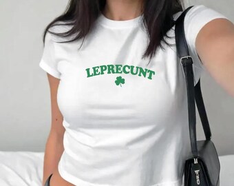 Leprecunt Micro Rib Baby Tee, Funny Y2K Style St. Patrick's Day Outfit, Green Beer St Pattys Top, Irish Pride T-Shirt, Pub Bar Party Outfit
